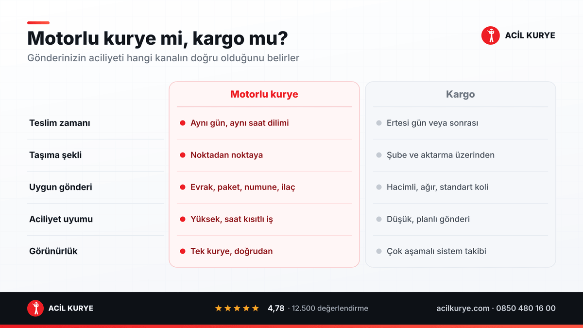 Acil gönderide motorlu kurye ile kargo karşılaştırması: teslim zamanı, taşıma şekli, uygun gönderi ve aciliyet