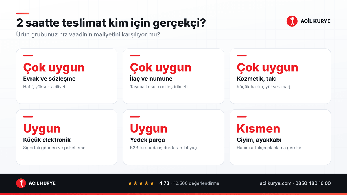 Ürün grubuna göre iki saatte teslimat uygunluğu: evrak, ilaç, kozmetik, elektronik, yedek parça ve giyim