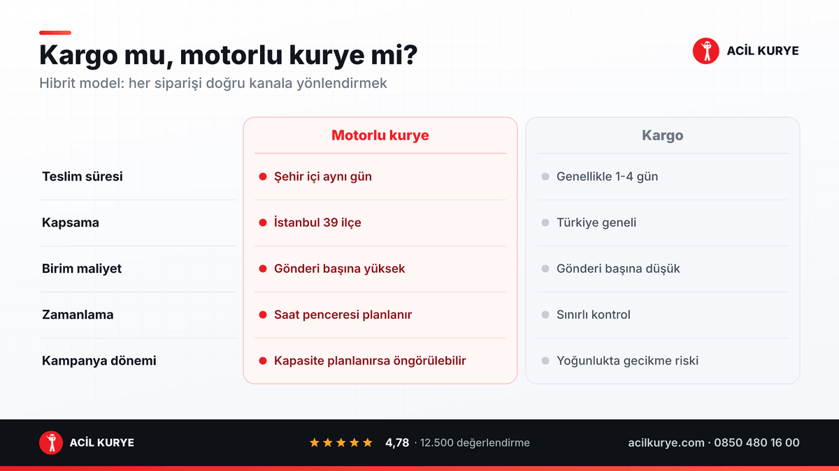 E-ticaret gönderilerinde motorlu kurye ile kargo karşılaştırması: süre, kapsama, maliyet, zamanlama ve kampanya
