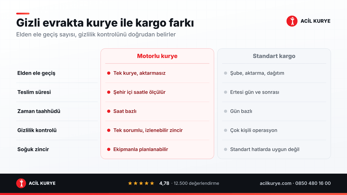 Gizli evrak ve numune taşımada motorlu kurye ile standart kargo karşılaştırması: geçiş sayısı ve gizlilik kontrolü
