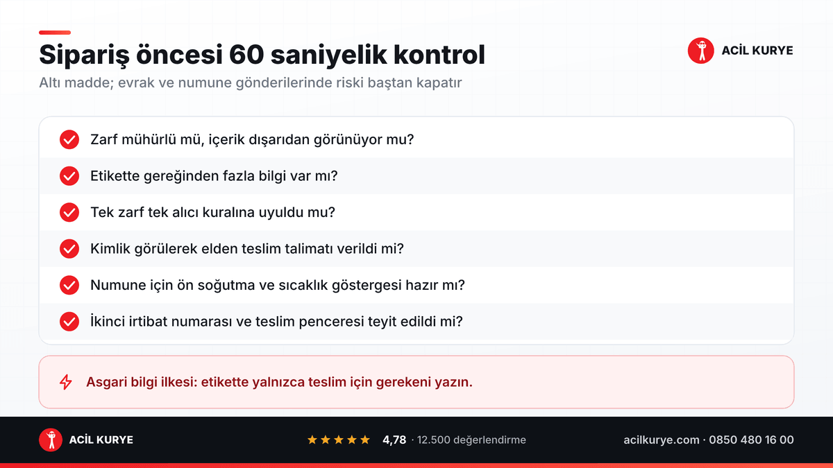 Evrak ve numune gönderisi öncesi kontrol listesi: mühürlü zarf, etiket bilgisi, elden teslim ve soğuk zincir