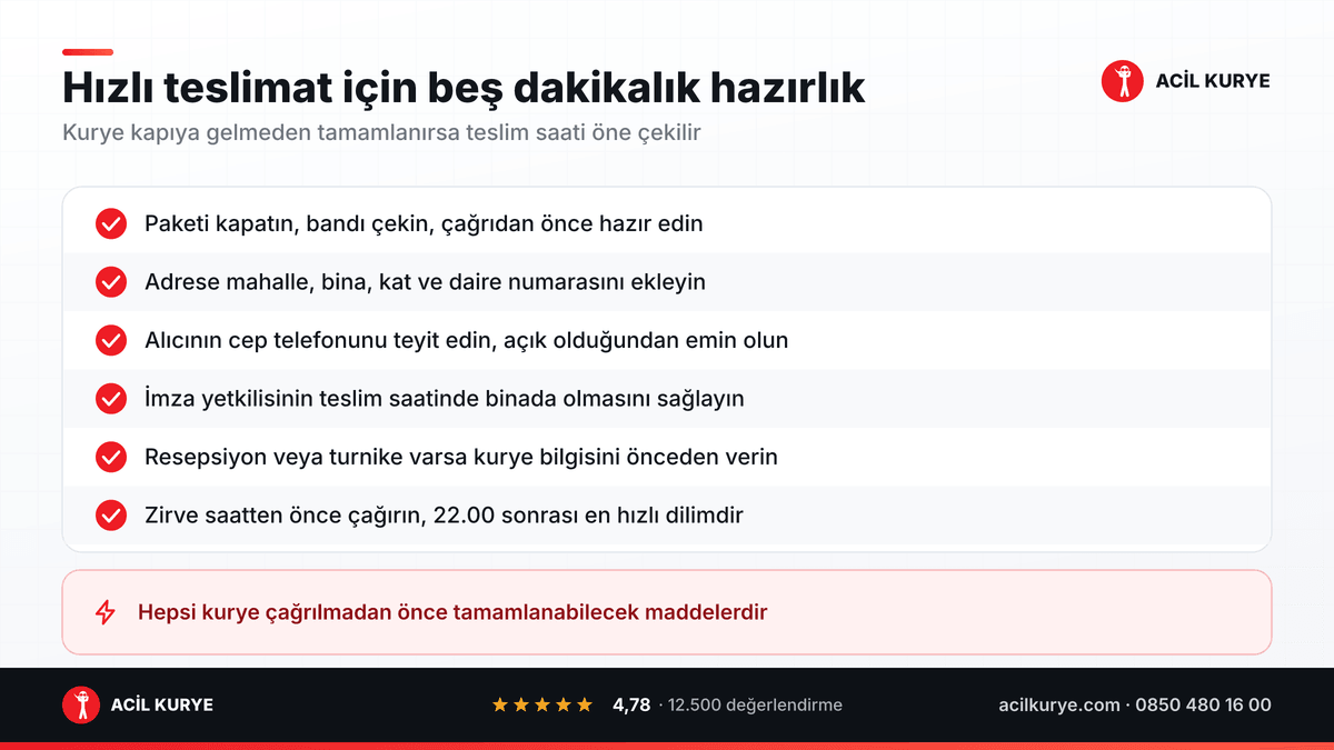 Hızlı kurye çağırmadan önce tamamlanacak altı maddelik hazırlık listesi: paket, etiket, telefon ve imza yetkilisi