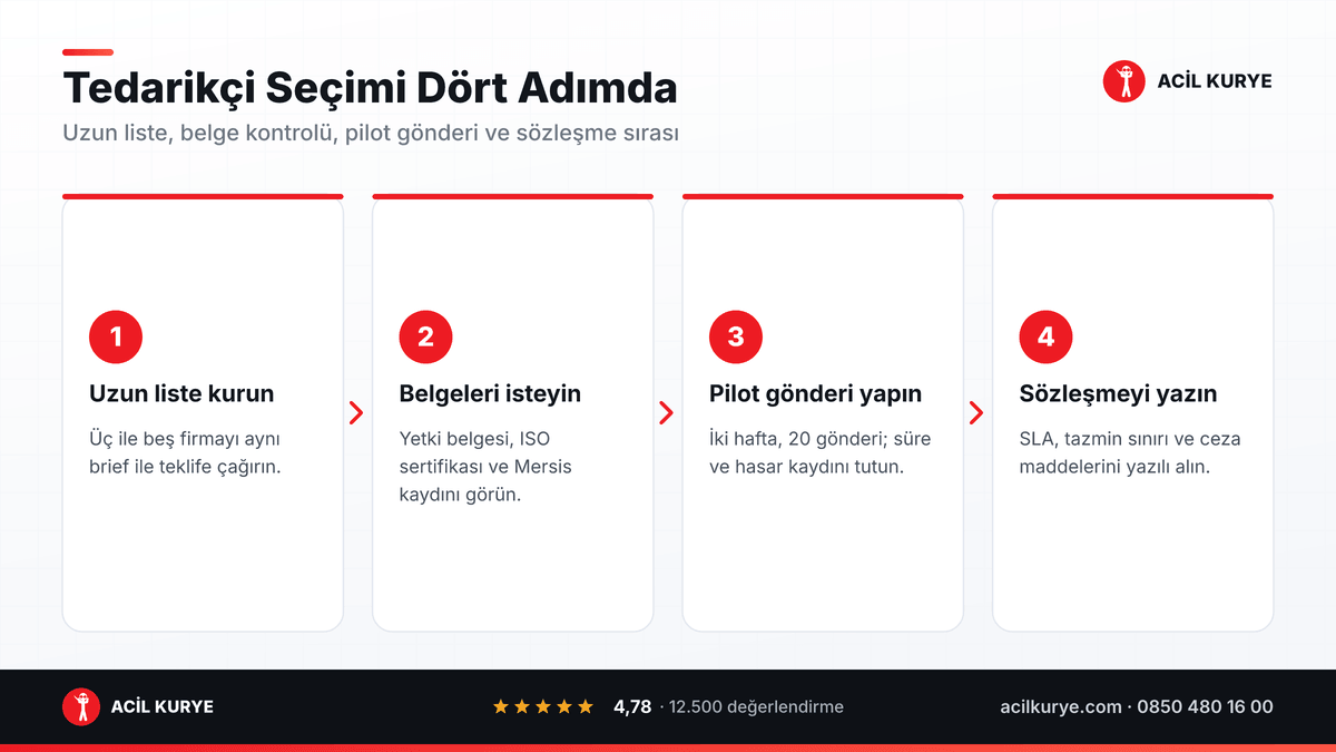 Kurye firması seçiminin dört adımı: uzun liste kurma, belge kontrolü, pilot gönderi ve sözleşme aşaması