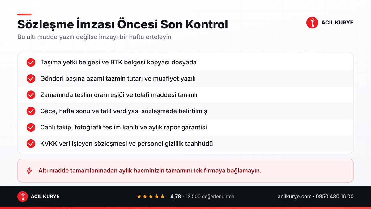 Kurye firması sözleşmesi imzalanmadan önce kontrol edilecek altı madde: belge, sigorta, SLA, vardiya, takip ve KVKK