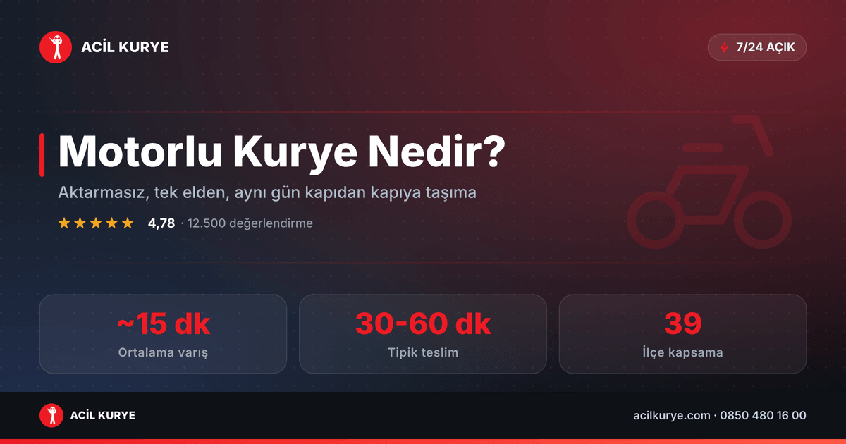 Motorlu kurye hizmetinin tanımı: aktarmasız aynı gün taşıma, ortalama 15 dakika varış ve 39 ilçe kapsama