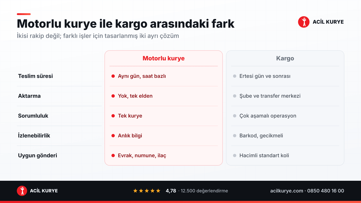 Motorlu kurye ile kargo karşılaştırması: teslim süresi, aktarma, sorumluluk, izlenebilirlik ve uygun gönderi