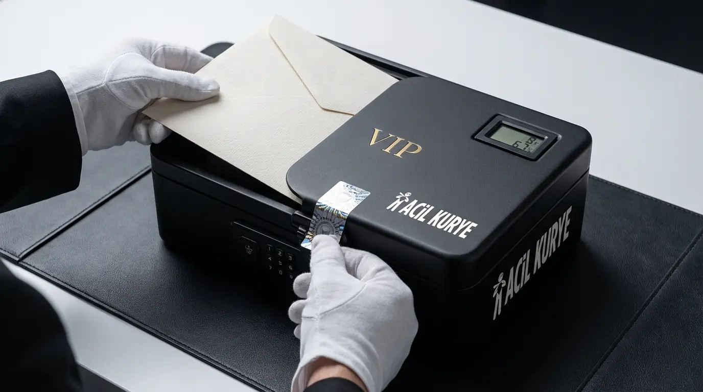 Beyaz eldivenli VIP kurye güvenli paket yerleştirme dijital kilitli özel taşıma kasası